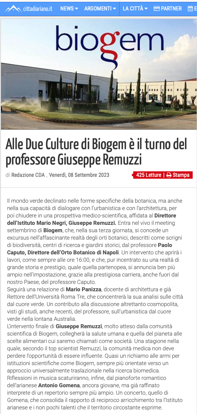 Alle Due Culture di Biogem è il turno del professore Giuseppe Remuzzi